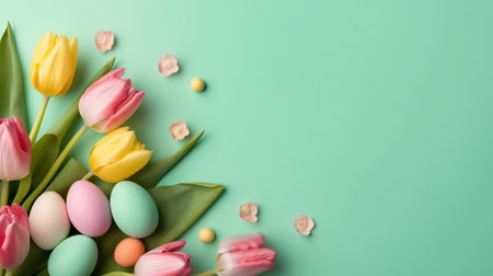 Happy Easter background with tulips and decorative eggsの素材