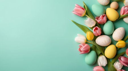 Happy Easter celebration background with tulips and decorative eggs in various colorsの素材