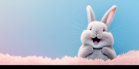 cute animal pet rabbit or bunny white color smiling and laughing isolated with copy space for easter greeting cardの素材