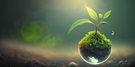 green nature background concept for earth day celebration with plant seed in the forest growing on the planet and water around itの素材