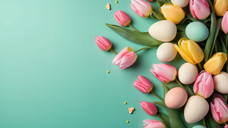 Top View of Happy Easter greeting background with tulips and decorative eggs in various colorsの素材