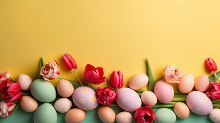 Top View of Happy Easter concept with tulips and decorative eggsの素材