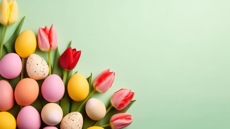 Happy Easter with tulips and decorative eggsの素材