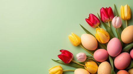 Happy easter holiday card background with tulips and decorative eggs in various colorsの素材