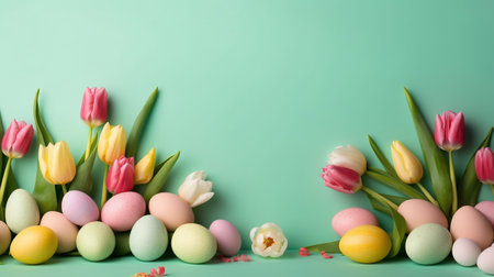 Happy Easter celebration background with tulips and decorative eggs in various colorsの素材