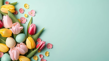 Happy Easter card background with tulips and decorative eggs in various colorsの素材