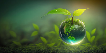green nature background for earth day april with plant seed in the forest growing on the planet and water around itの素材