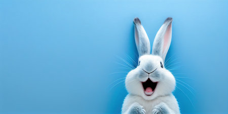 cute animal pet rabbit or bunny white color smiling and laughing isolated with copy space for easter cardの素材
