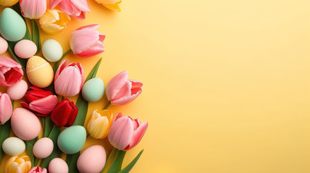 Top View of Happy Easter concept with tulips and decorative eggsの素材