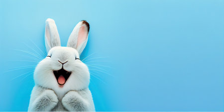 cute animal pet rabbit or bunny white color smiling and laughing isolated with copy space for easter dayの素材
