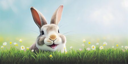 cute animal pet rabbit or adorable bunny on the lawn for easter backgroundの素材