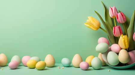 Happy Easter card background with tulips and decorative eggsの素材