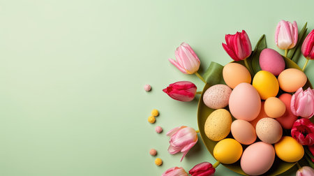 Happy Easter celebration background with tulips and decorative eggsの素材
