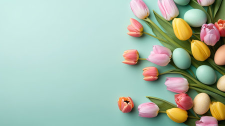 Happy Easter card background with tulips and decorative eggs in various colorsの素材