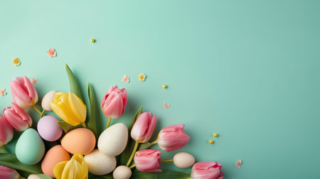 Top View of Happy Easter concept with tulips and decorative eggs in various colorsの素材