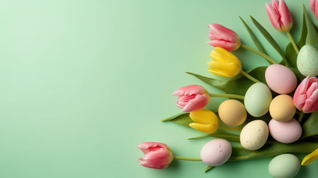 Happy Easter concept with tulips and decorative eggsの素材