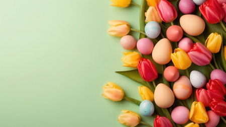 Happy easter holiday greeting background with tulips and decorative eggs in various colorsの素材