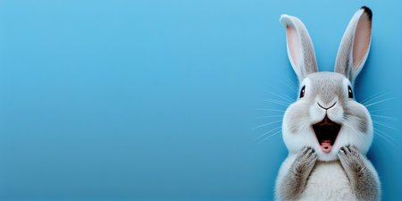 cute animal pet rabbit or bunny white color smiling and laughing isolated with copy space for easter greeting cardの素材