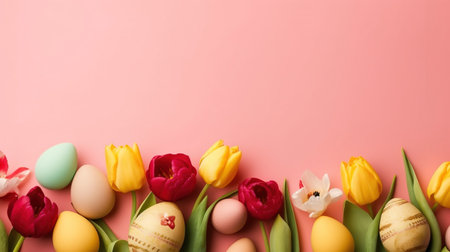 Top View of Happy Easter with tulips and decorative eggs in various colorsの素材
