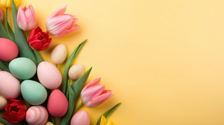 Happy easter holiday celebration background with tulips and decorative eggsの素材