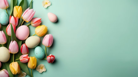 Happy Easter card background with tulips and decorative eggs in various colorsの素材