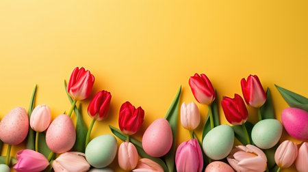 Happy Easter concept with tulips and decorative eggs in various colorsの素材