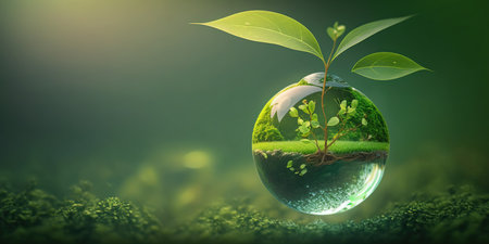 green natural environment background concept for earth day april celebration with plant seed in the forest growing on the planet and water around itの素材