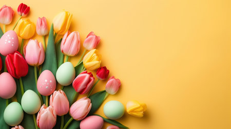 Happy easter holiday concept with tulips and decorative eggsの素材