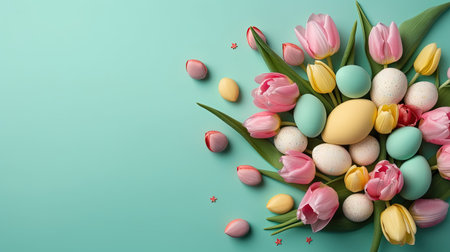 Happy Easter celebration background with tulips and decorative eggs in various colorsの素材