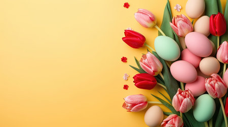 Top View of Happy Easter with tulips and decorative eggsの素材
