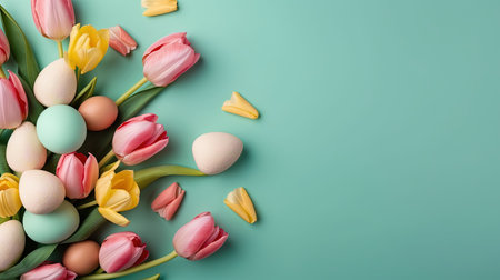 Top View of Happy Easter background with tulips and decorative eggs in various colorsの素材