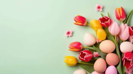 Happy easter holiday with tulips and decorative eggs in various colorsの素材