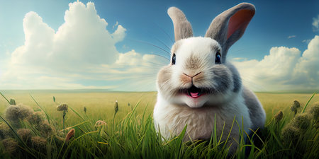 cute animal pet rabbit or adorable bunny on the lawn for easterの素材