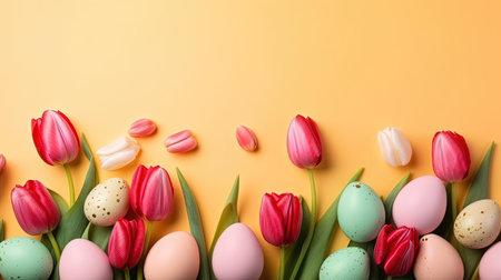 Happy easter holiday background with tulips and decorative eggsの素材