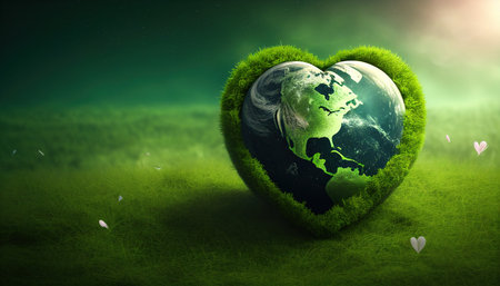 heart shaped planet on green meadow for earth dayの素材