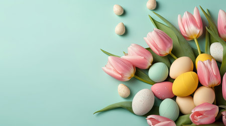 Happy Easter greeting background with tulips and decorative eggs in various colorsの素材