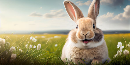 cute animal pet rabbit or adorable bunny on the lawn for easter backgroundの素材