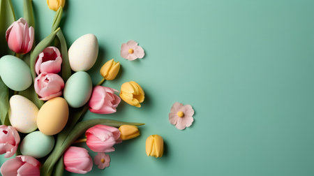 Top View of Happy Easter concept with tulips and decorative eggs in various colorsの素材