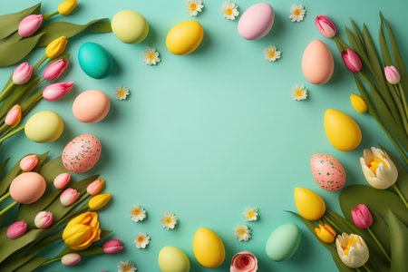 colorful tulips and eggs lying on teal green background with copy space for easter cardの素材