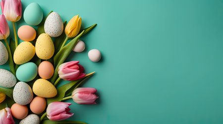 Top View of Happy Easter celebration background with tulips and decorative eggs in various colorsの素材