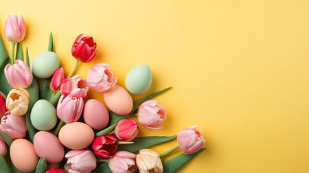 Top View of Happy Easter card background with tulips and decorative eggsの素材