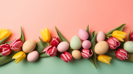 Happy easter holiday background with tulips and decorative eggs in various colorsの素材