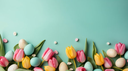 Top View of Happy Easter card background with tulips and decorative eggs in various colorsの素材
