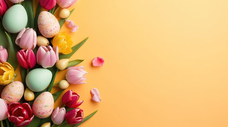 Top View of Happy Easter celebration background with tulips and decorative eggsの素材