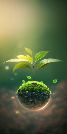 green nature social media background concept for earth day with plant seed in the forest growing on the planet and water around itの素材