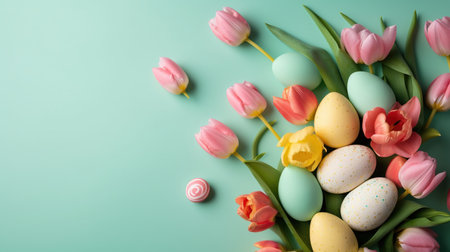 Top View of Happy Easter card background with tulips and decorative eggs in various colorsの素材