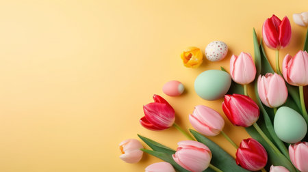 Top View of Happy Easter celebration background with tulips and decorative eggsの素材