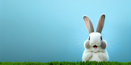 cute animal pet rabbit or bunny white color smiling and laughing isolated with copy space for easter backgroundの素材
