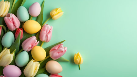 Happy Easter with tulips and decorative eggs in various colorsの素材