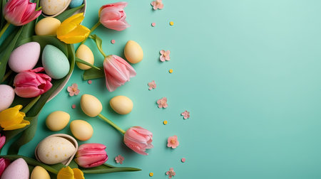 Happy Easter concept with tulips and decorative eggs in various colorsの素材